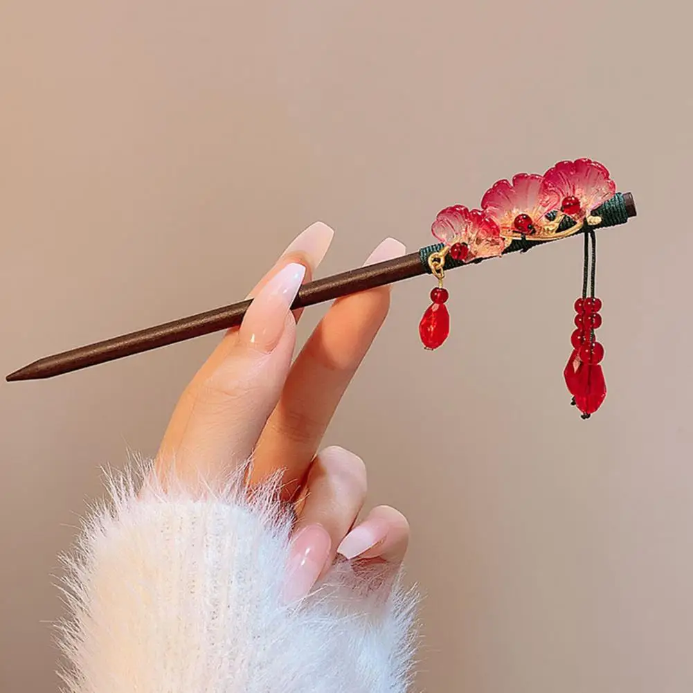 

Hanfu-inspired Hair Accessory Handmade Chinese Style Wooden Hair Stick with Flower Decor Tassel Retro Hairpin for Women's Updo