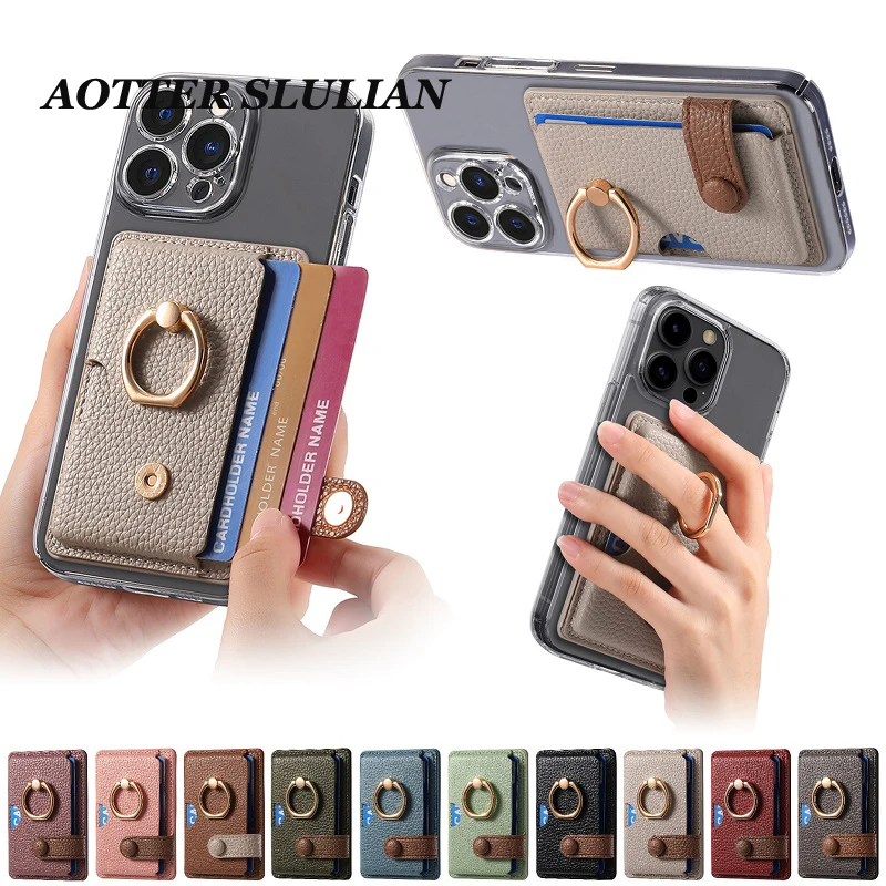 

Luxury Finger Ring Stand Cards Holder Bag Leather Wallet Case For Smartphone Business Bank Card Slots Back Sticker Phone Cover