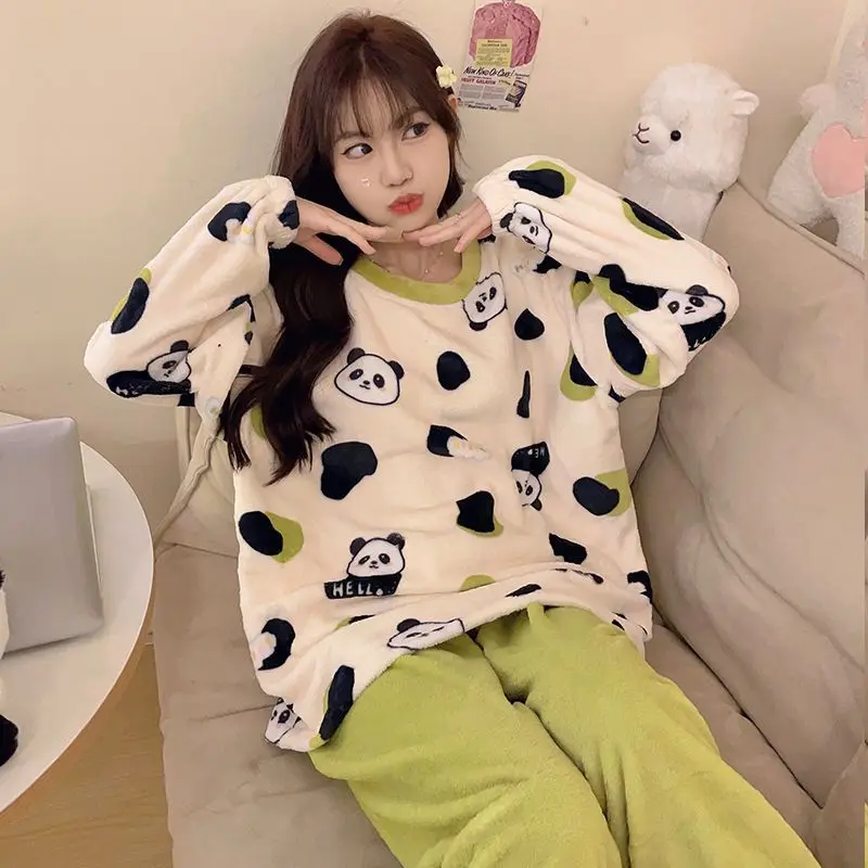 

Коралловая бархатная одежда для сна, женский осенне-зимний пижамный комплект Flannle, кавайная одежда, теплая плотная Домашняя одежда, Корейская флисовая ночная рубашка