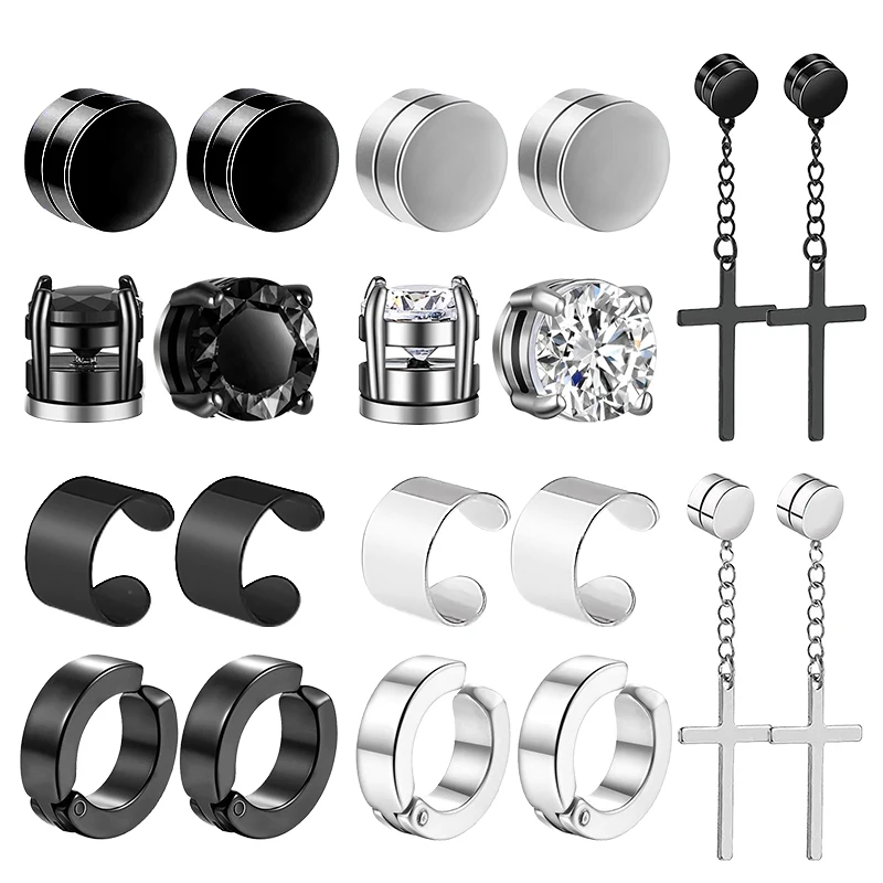 

1 Pairs of Magnetic Clip Earrings Stainless Steel Stud Earrings for Men Women Black CZ Magnet Non-piercing Clip Earring Set