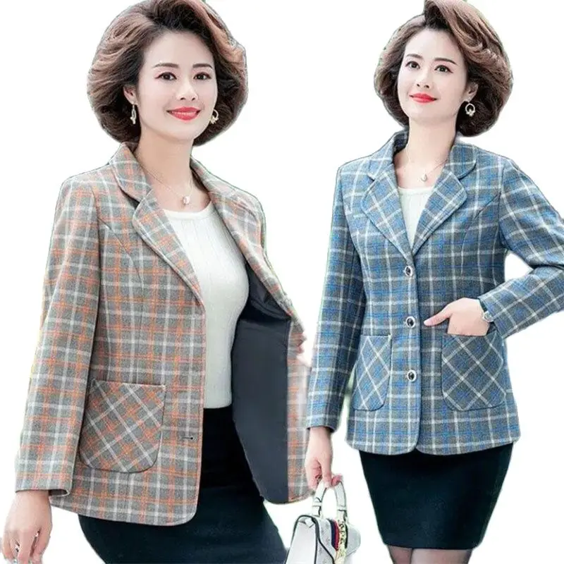 

Middle-Aged Elderly Women's Coat Tops 2023 New Spring Autumn Check Jacket Fashion Lattice Suit Jacket Female Outerwear 5XL