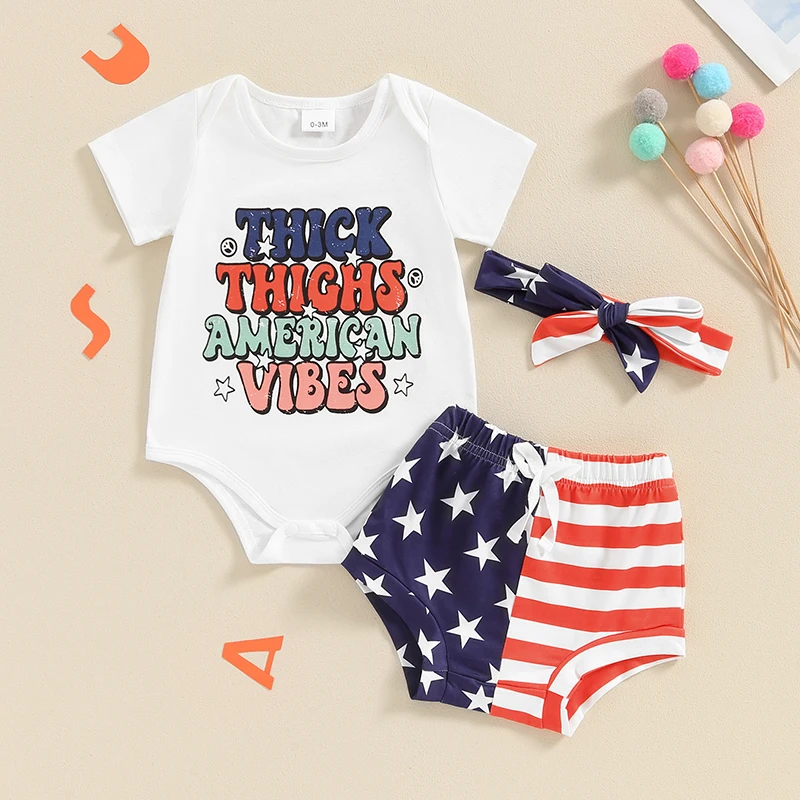 

2024-03-18 Lioraitiin Summer Baby Girl 4th of July Outfit Letter Print Short Sleeve Romper with Stripe&Star Shorts Headband Set