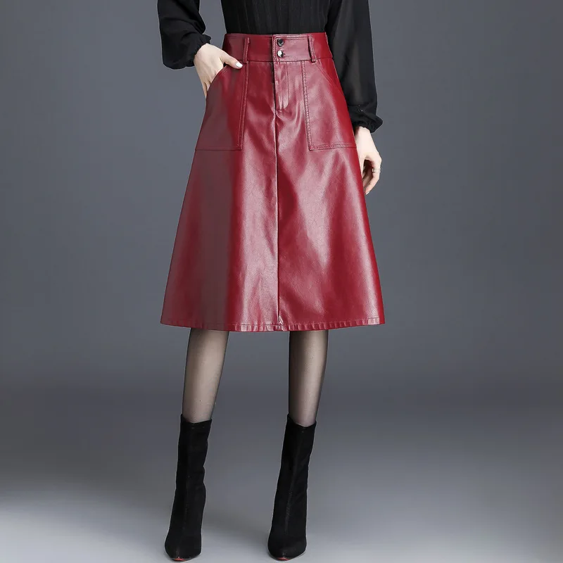 

#1622 Black Red Faux Leather Skirt Women Split Joint Office PU Skirt Female High Waisted A-line Skirt Knee-length Pockets Winter