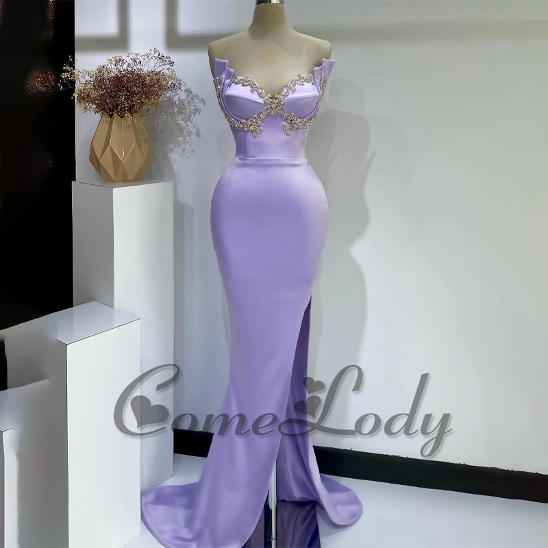 

Comelody Evening Dresses Luxury 2024 Celebrity Saudi Arabric Sweetheart Charming Side Slit Cryatals Satin Drop Shipping