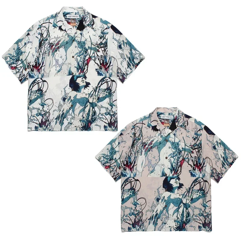 

WACKO MARIA Shirt TEE Polyester Comic Printing Render New Lapel Button Oversize Men Women Thin Breathable Hawaiian Short Sleeve