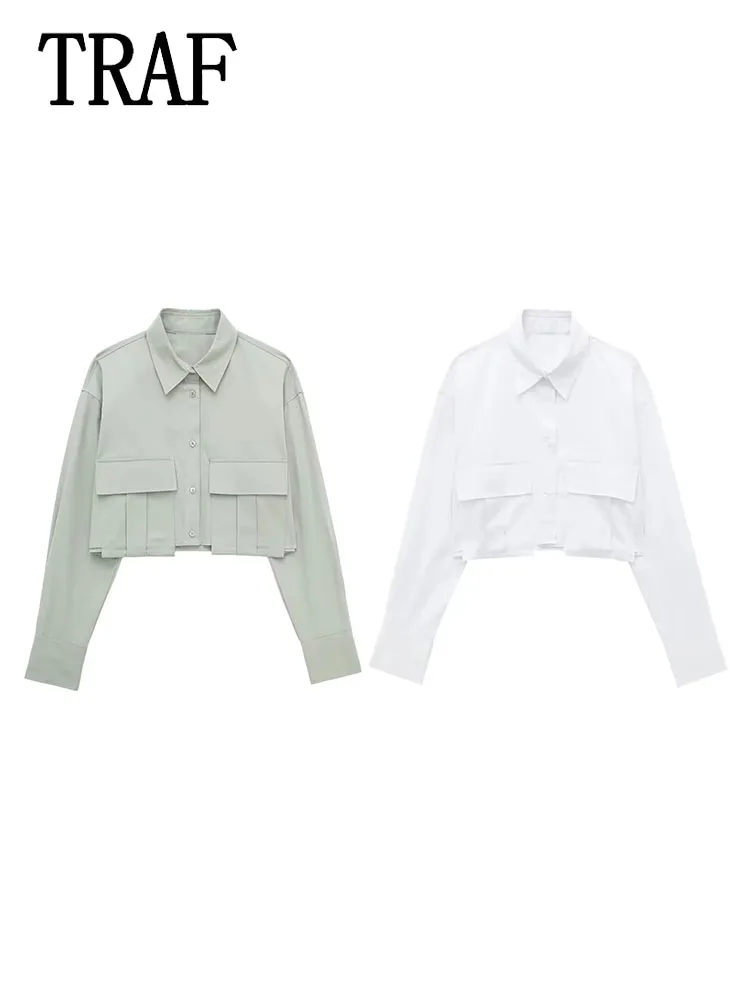 Женская укороченная рубашка с карманами и длинным рукавом 
Женская укороченная рубашка с карманами и длинным рукавом