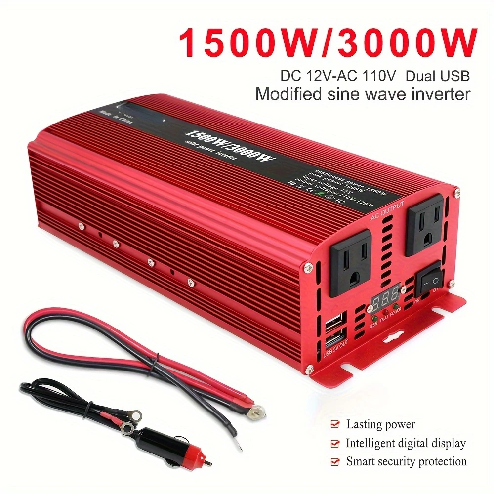 

1500W Power Inverter DC 12V To 110V AC Car Inverter With 2 USB Ports And AC Sockets, Suitable For Car, Home, Outdoor And Camping