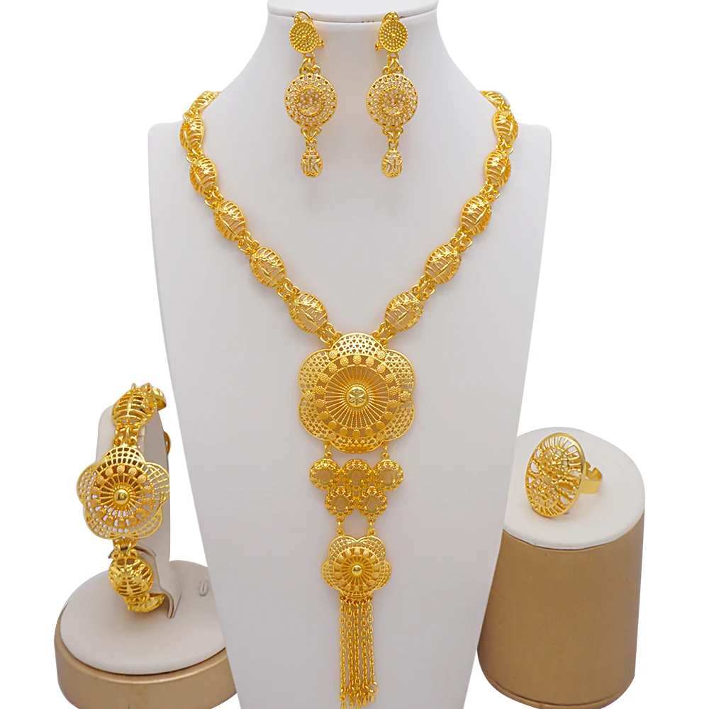 

Indian Gold Plated Jewelry Set For Women African Bridal Gold Necklace Earrings Set Dubai 24K Nigerian Wedding Jewellery