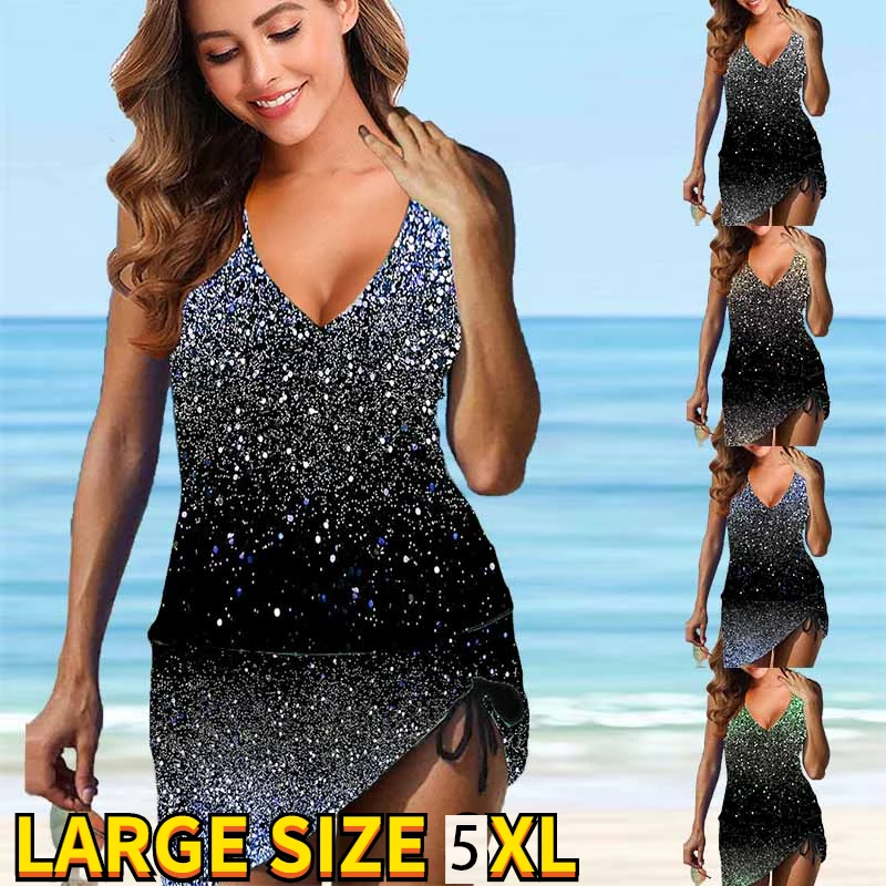 

2023 Women Two Piece set Swimsuit Sexy V Neck Tankini Print Summer Fashion Swimwear Beachwear Fission Glitter Beach Dress