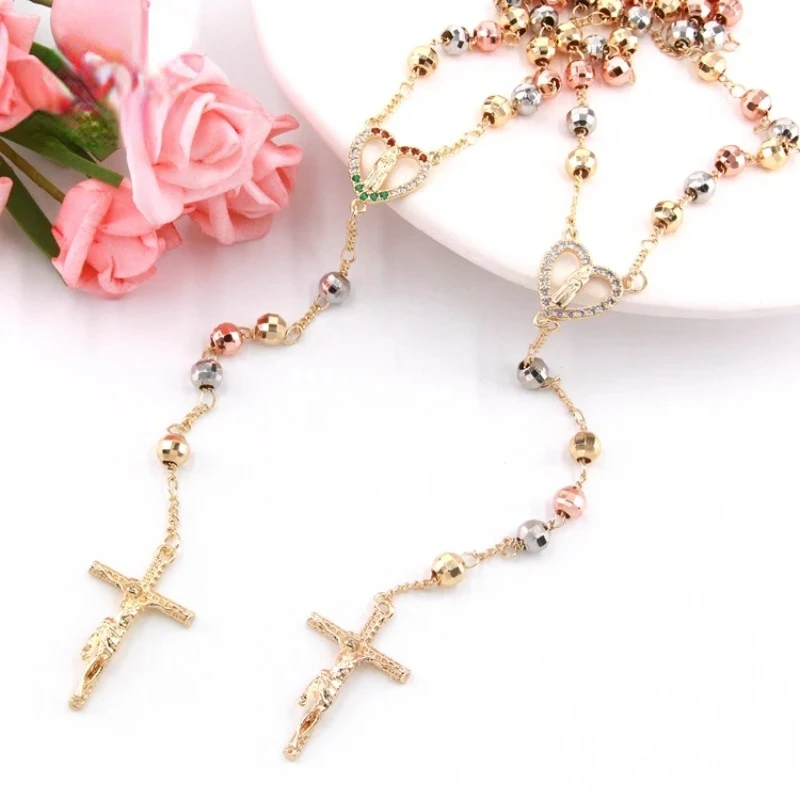 

Luck Virgin Mary Cross Jewelry Gold-plated Three-color Rosary Saint Virgin of Guadalupe Pendant Necklace Men and Women Gift