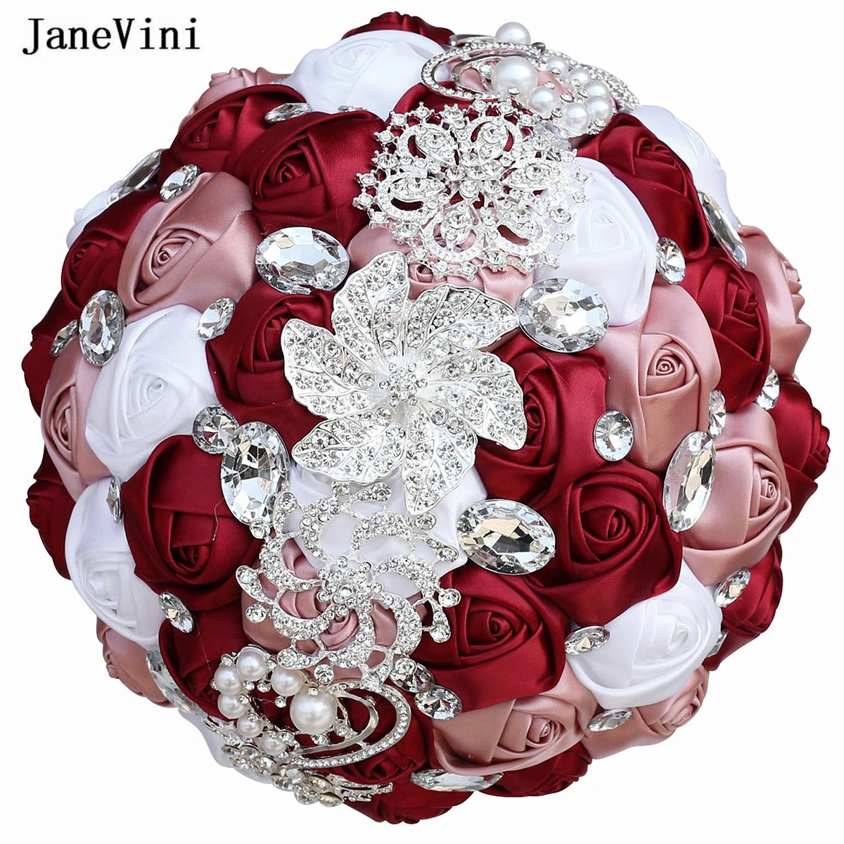 

JaneVini Dark Red Satin Flowers Sparkly Silver Rhinestones Bridal Bouquets Artificial Roses Wedding Fake Bouquet Ramo De Novia