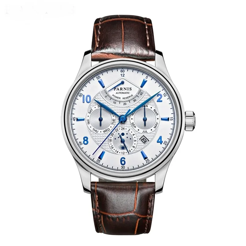 

New Casual 43mm Parnis Automatic Power Reserve Moon Phase Business Men's Menchanical Miyota 9100 Watches Auto Date GR108-22