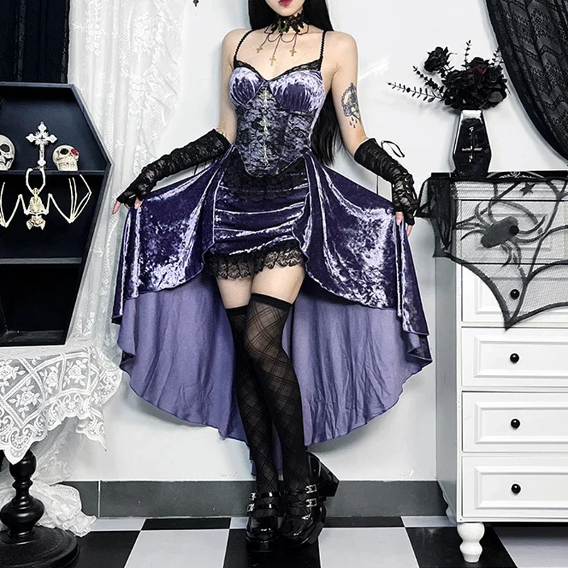 

Goth Dark Gorgeous Victoria Gothic Velvet A-line Dresses Female Elegant Evening Lolita Partywear Grunge Sling Lace Hem Alt Cloth
