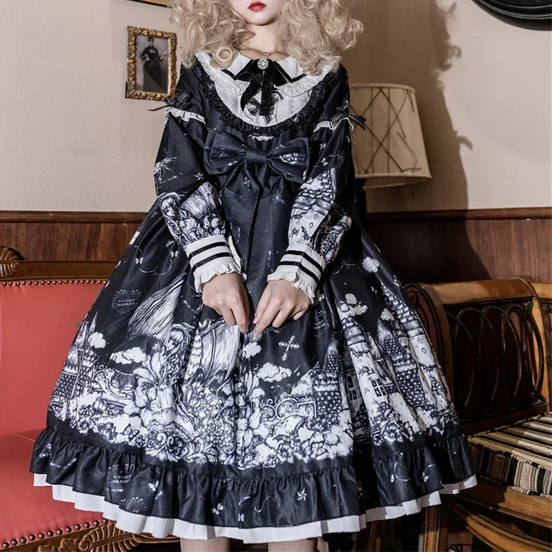 

Gothic Lolita Sweety Girly Diablo Lolita Style Dress Peter Pan Collar Cute Bow Kawaii Ruffles Full Sleeve Printing Loli Dress