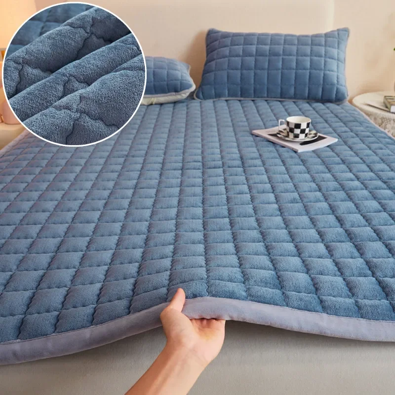 

Матрас Pillowcase) Linen Velvet Bed Thickened Mattress(no Топпер Mattresses Topper Blue Quilted Bedsheet Skin-friendly Mattress