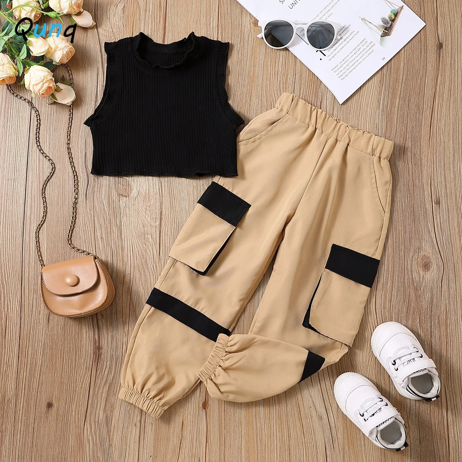 

Qunq 2023 Spring Summer New Girls O Neck Sleeveless Vest Top + Splice Overalls 2 Pieces Set Casual Sporty Kids Clothes Age 3T-8T