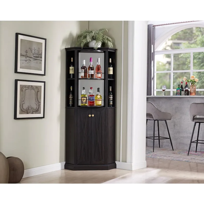 

68.5" Versatile Corner Bar Cabinet with Wine Storage, Adjustable Shelf Height, 6-Bottle Wine Rack, Stemware Rack for 6 Glasses