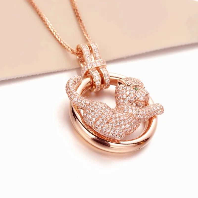 

Plated 14K Rose Gold Luxury Leopard Necklace 585 Purple Gold Pendant for women high-level Cute clavicle chain Banquet Jewelry