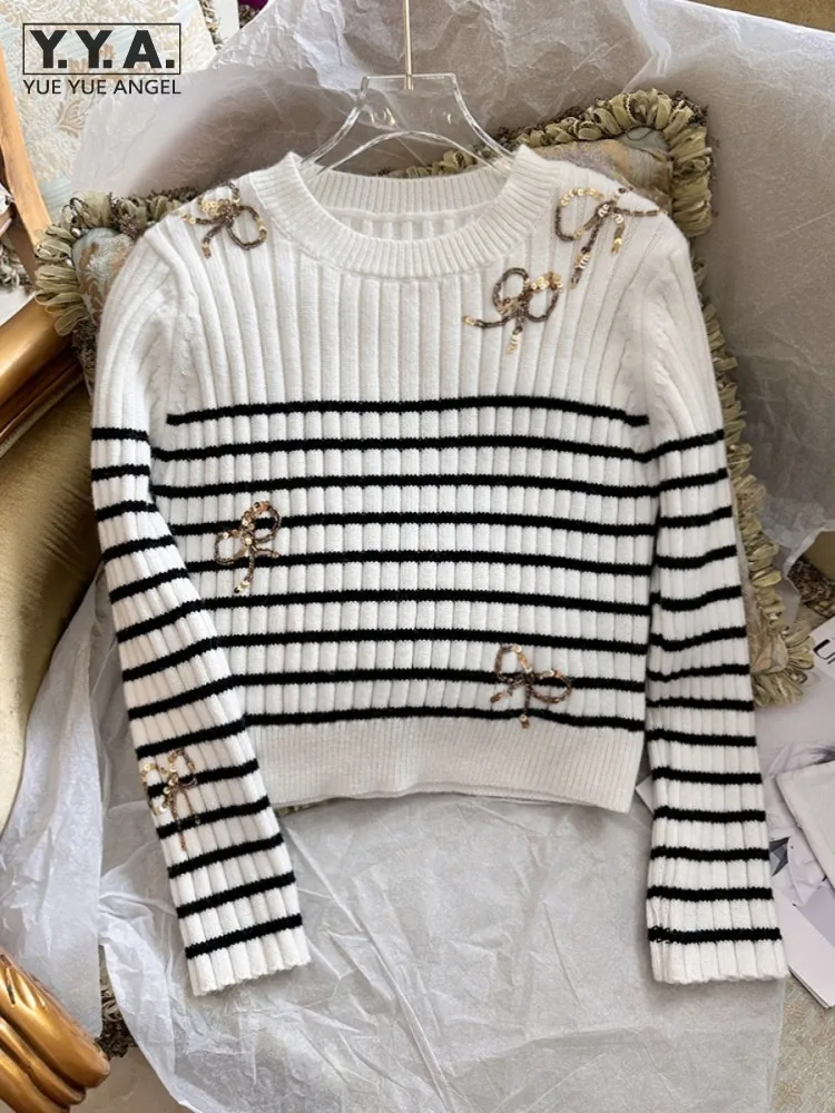 Autumn Winter Women Striped Sequined Bowknot Sweater Top O Neck Long Sleeve Knitted Jumpers Office Lady Slim Fit Casual Pullover
Autumn Winter Women Striped Sequined Bowknot Sweater Top O Neck Long Sleeve Knitted Jumpers Office Lady Slim Fit Casual Pullover