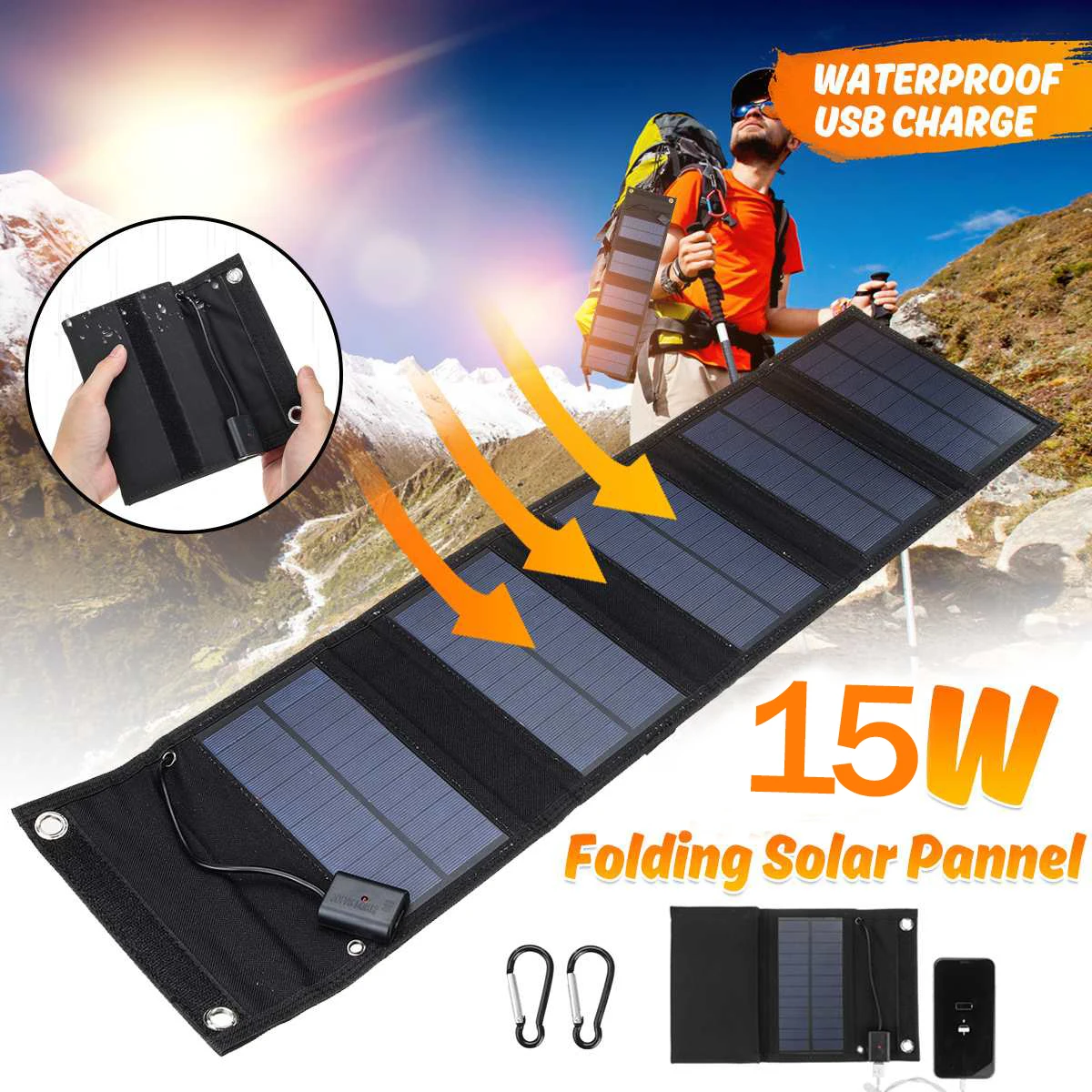 Portable 15W Foldable Waterproof Monocrystalline Battery Outdoor Camping Carabiner Charger For Mobile Phone Bag Solar Panels
Portable 15W Foldable Waterproof Monocrystalline Battery Outdoor Camping Carabiner Charger For Mobile Phone Bag Solar Panels