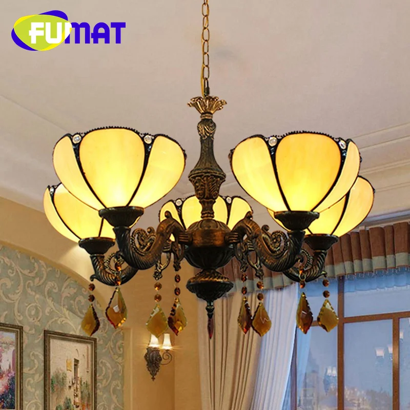 

FUMAT Tiffany style stained glass simple Mediterranean yellow 5 head chandelier living room Dining room bedroom hallway decor