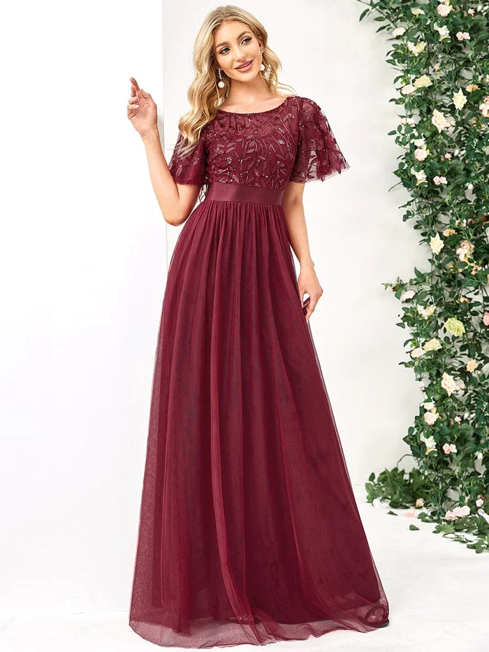 

Women's A-Line Sequin Leaf Maxi Prom Dress with Sleeves Ever-Pretty Vestido de noche de una línea bordado con lentejuelas y mang