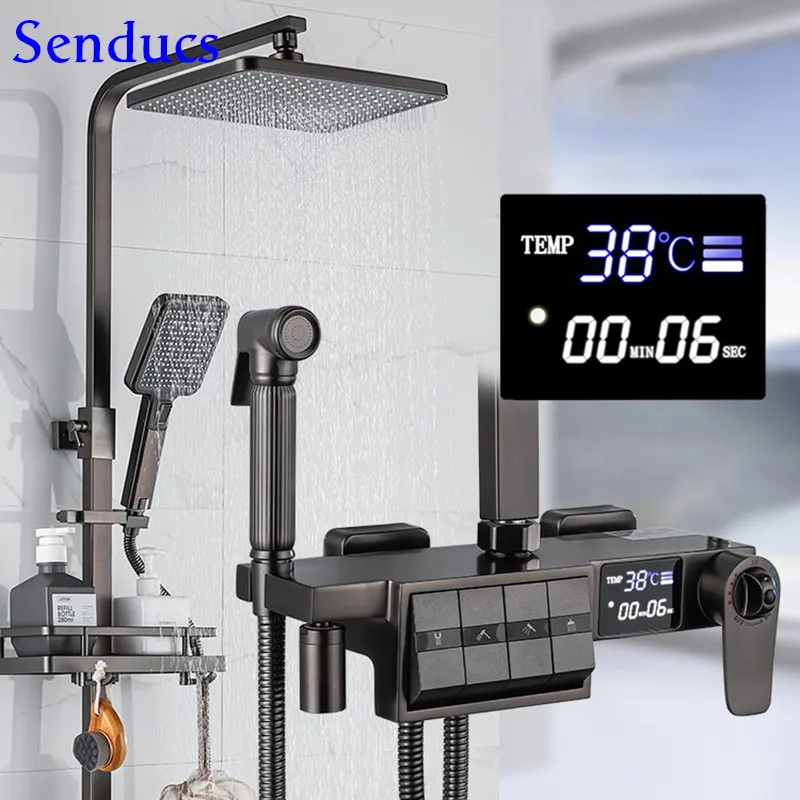 

Hot Cold Piano Digital Shower System for 12 Inch Rainfall Shower Head Brass Bathroom Mixer Faucets Thermostatic Piano Shower Set
