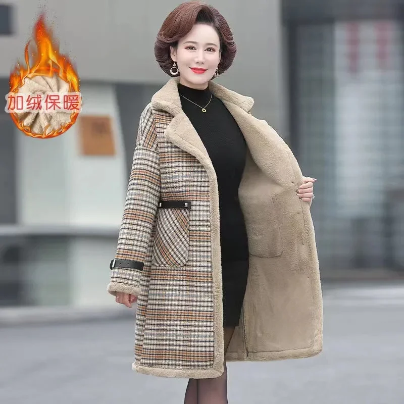 

6XL 7XL 8XL 9XL Large Size Thicken Warm Plaid Jacket Middle-aged Women's Lamb Velvet Winter Parkas Coats Female Fleece Overcoat