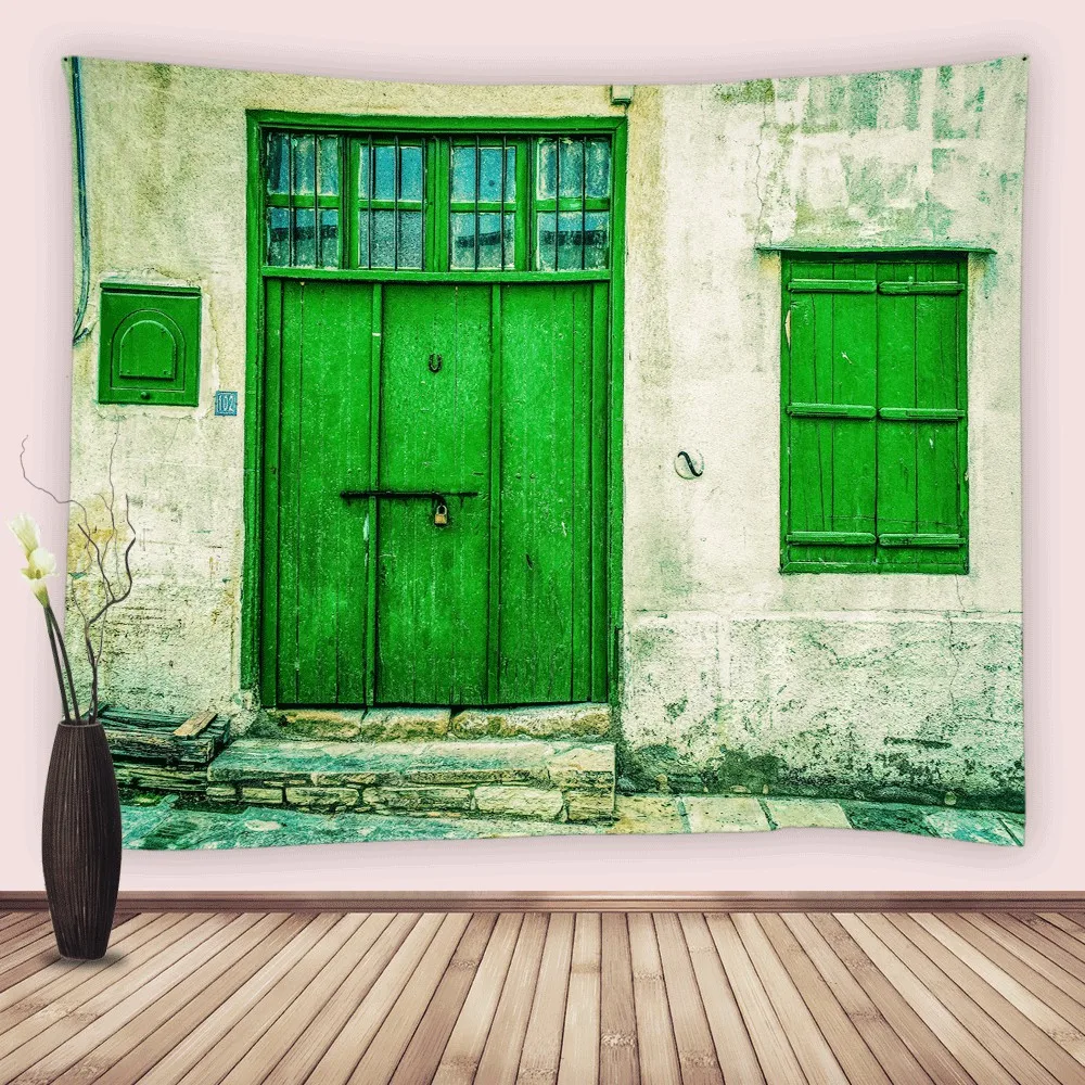 

Vintage Architecture Tapestry Wall Hanging Old Street Retro Brick Green Window Door Town Scenery Tapestries Living Bedroom Decor