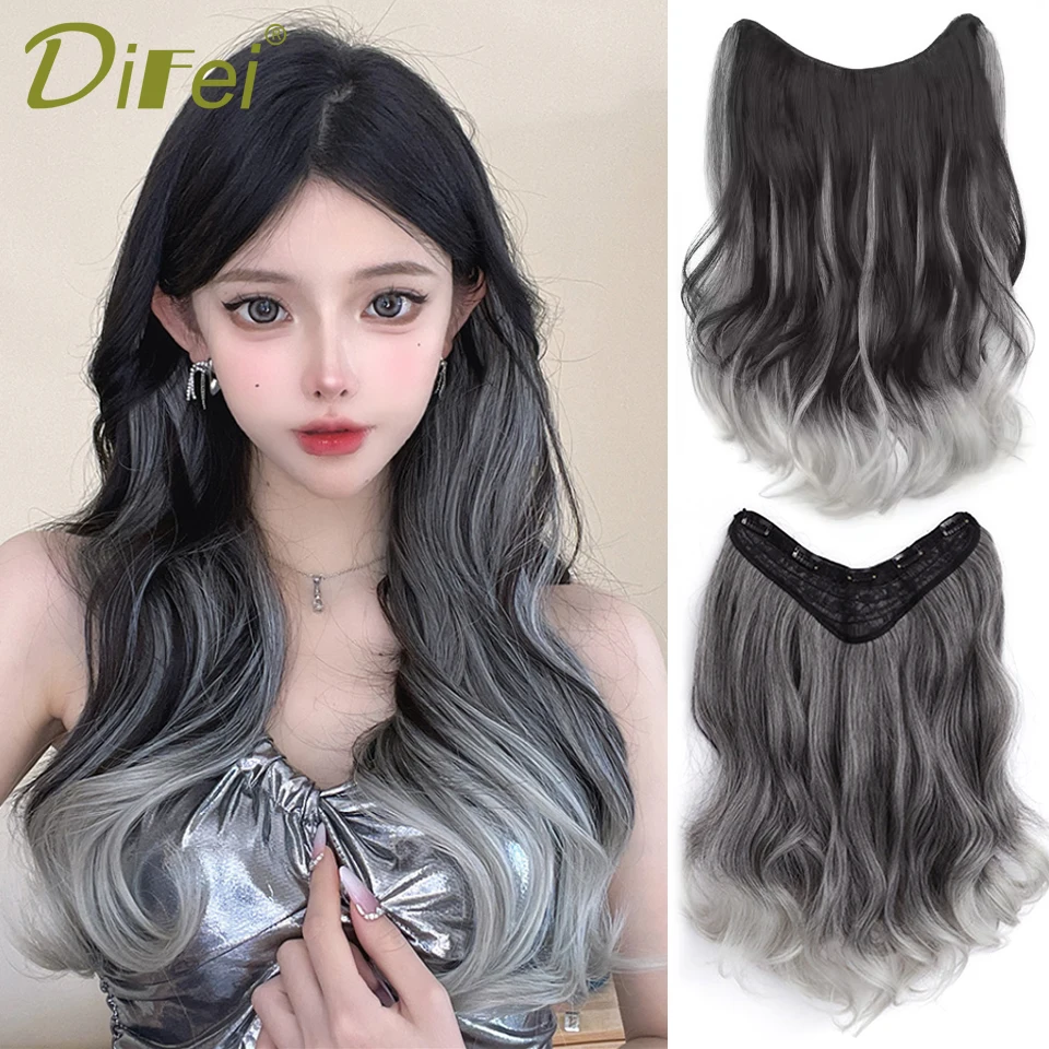 

DIFEI Black Ombre Grey Synthetic Clip In Hair Extensions Invisible Long Wavy Fluffy Hairpiece Increased Hair Volume Fake Hair