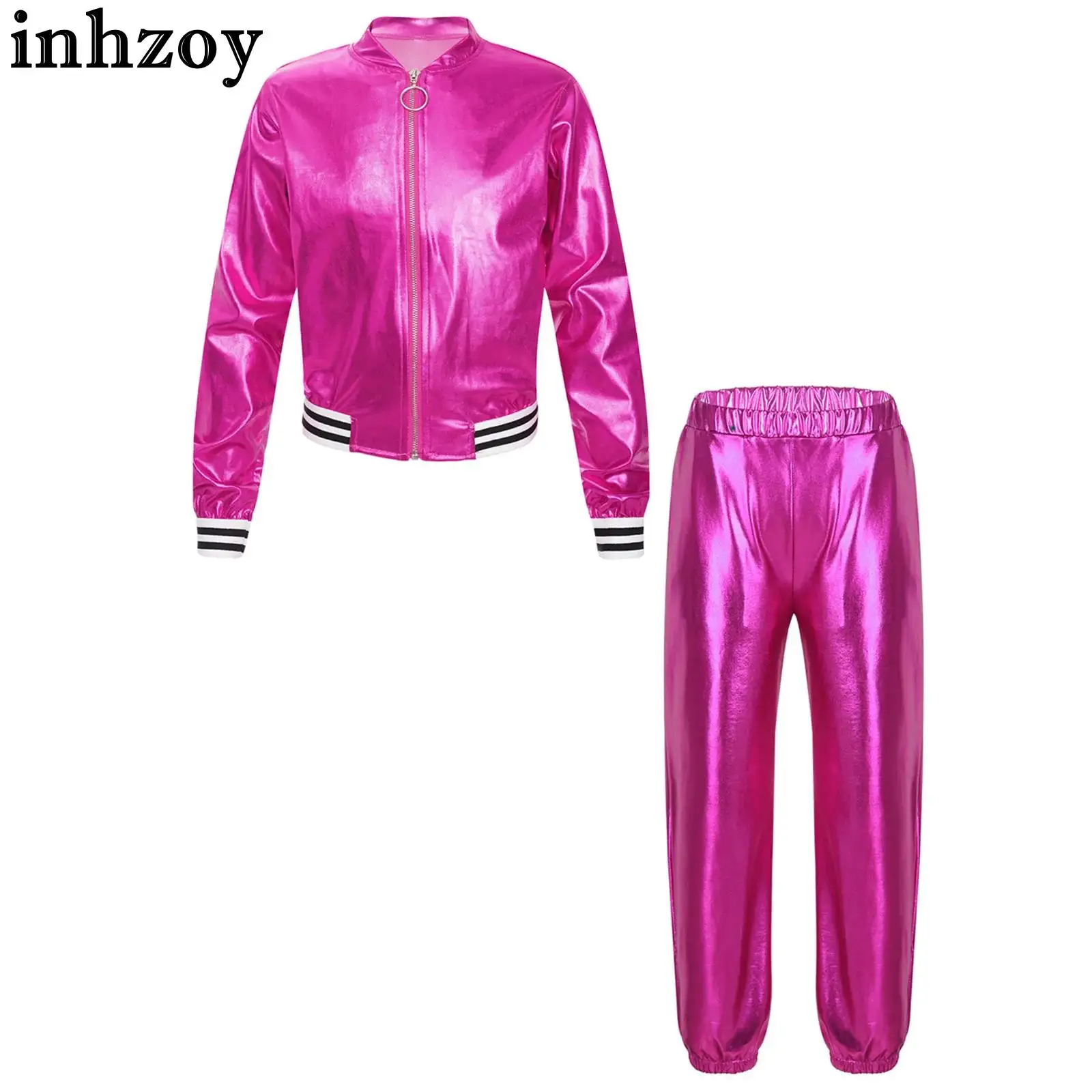 

Kids Girls Jazz Hip-hop Street Dance Performance Costume Shiny Metallic Jacket Bomber Coat with Pants Streetwear Sports Outfits
