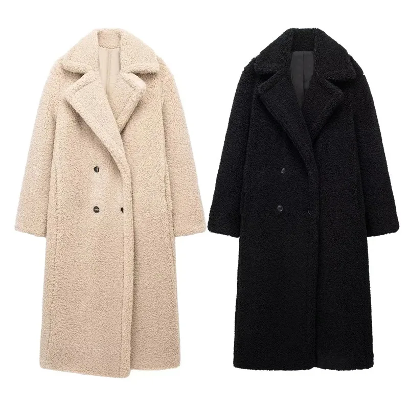 

Women Fashion Thick Warm Loose Fleece Teddy Coat Vintage Long Sleeve Front Welt Pockets Female Outerwear Chic Overcoats