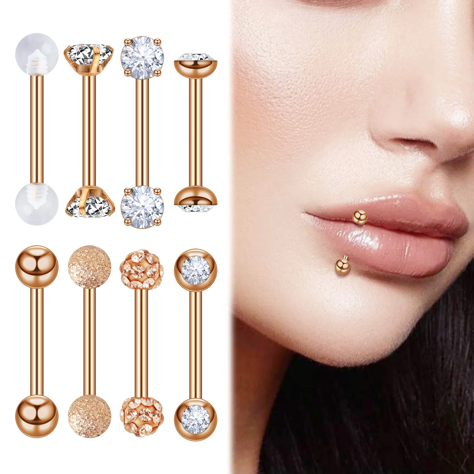 1pc Diamond Inlaid Stainless Steel Lip Piercing Rose Gold Tongue Ear Studs Lip Studs Set Ear Cartilage Nail Piercing Jewelry
1pc Diamond Inlaid Stainless Steel Lip Piercing Rose Gold Tongue Ear Studs Lip Studs Set Ear Cartilage Nail Piercing Jewelry