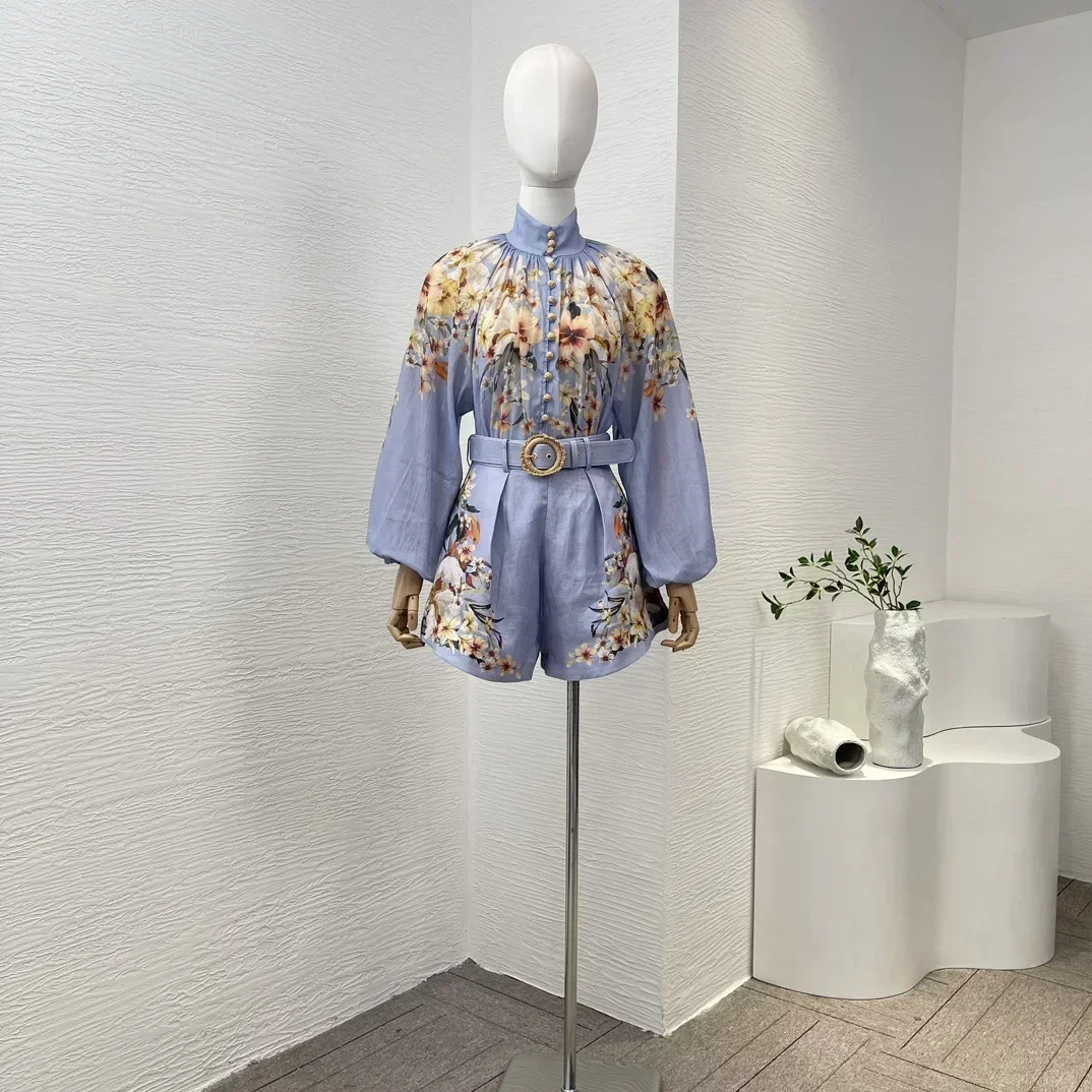 

Blue Palm Floral Print Ramie Long Sleeve Buttons Blouse and High Waisted Linen Removable Wide Fabric Belt Shorts Women Set