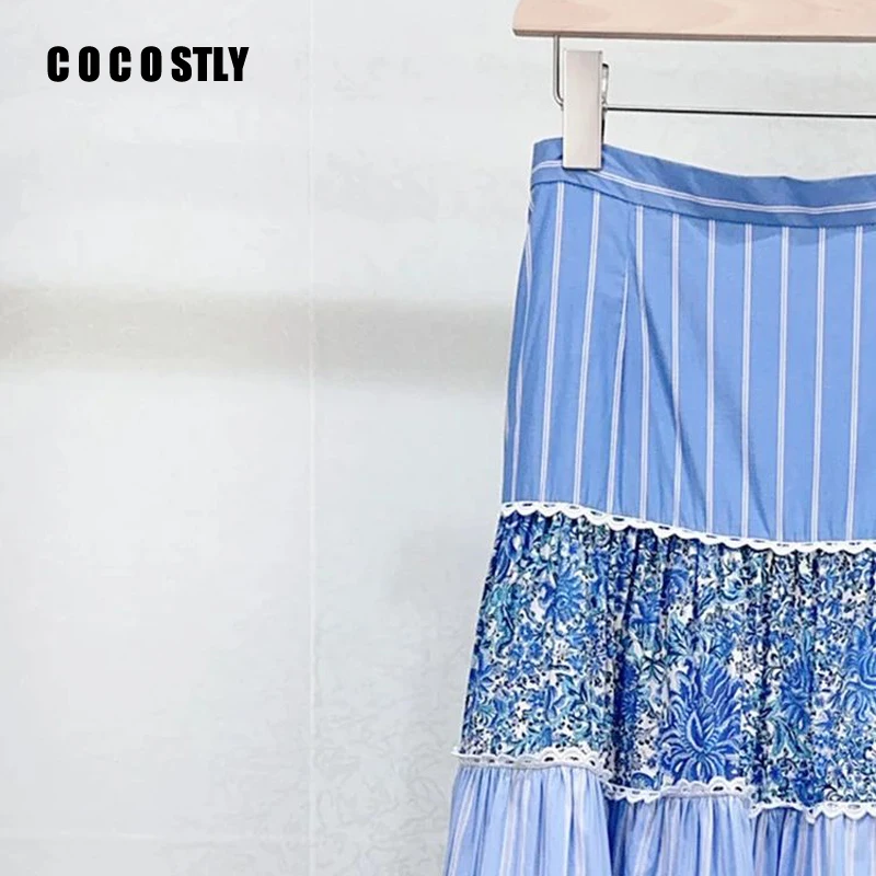 

COCOSTLY Floral Print Patchwork Women Midi Skirt 2024 New Spring Summer Versatile High Waist Ladies Loose A-Line Long Jupe