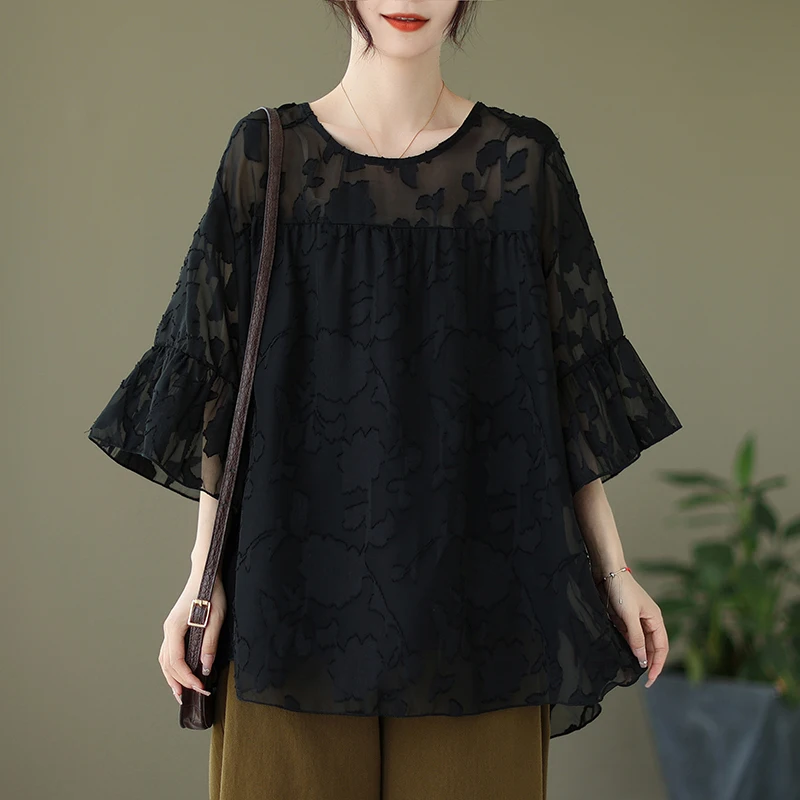 2023 New Summer Womens Floral Jacquard Lace T-shirts Korean Fashion O Neck Half Sleeve Hollow Out Blouse Loose Tops for Female
2023 New Summer Womens Floral Jacquard Lace T-shirts Korean Fashion O Neck Half Sleeve Hollow Out Blouse Loose Tops for Female
