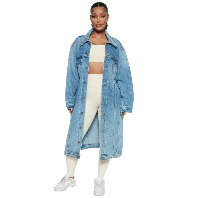 

Fashion Extra Long Autumn Winter Sky Blue Denim Jacket Women Outwear Trench Coat Loose Cardigan Jean Jackets Cape Veste Femme