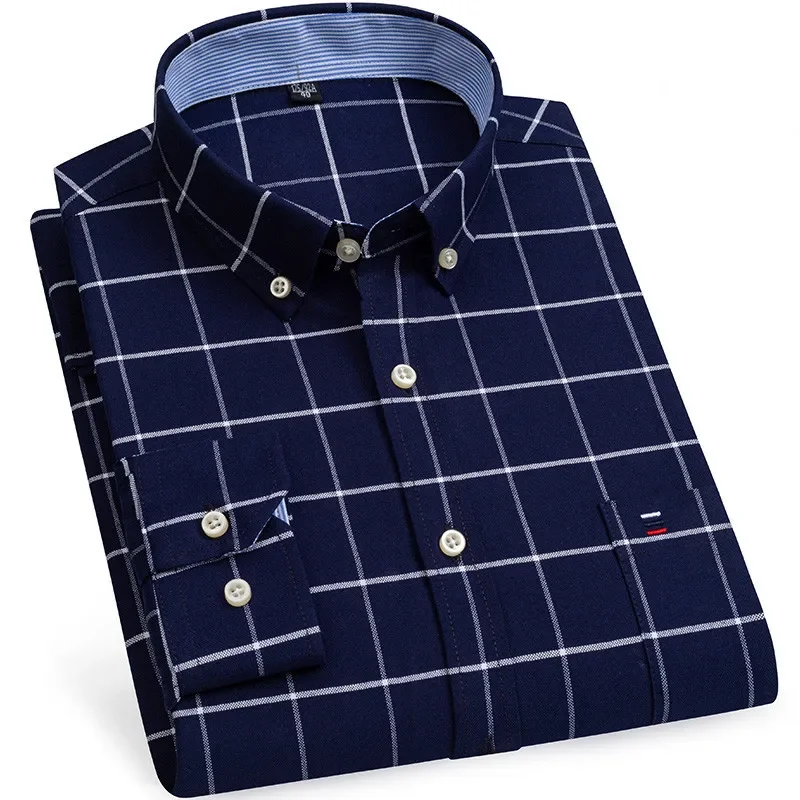 

Shirt Oxford Men Fashion 100% Cotton Thin Long Sleeve Casual Slim Solid Color Plaid Print Stripe Formal Dress Shirt Plus 7XL 6XL