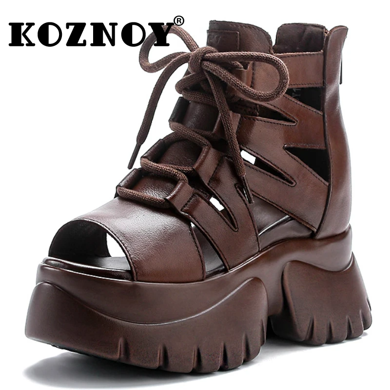 

Koznoy 8.5cm Genuine Leather Boots Chimney Summer Sandals Hollow Ankle Booties Motorcycle Women Peep Toe Moccasins Fashion Shoes