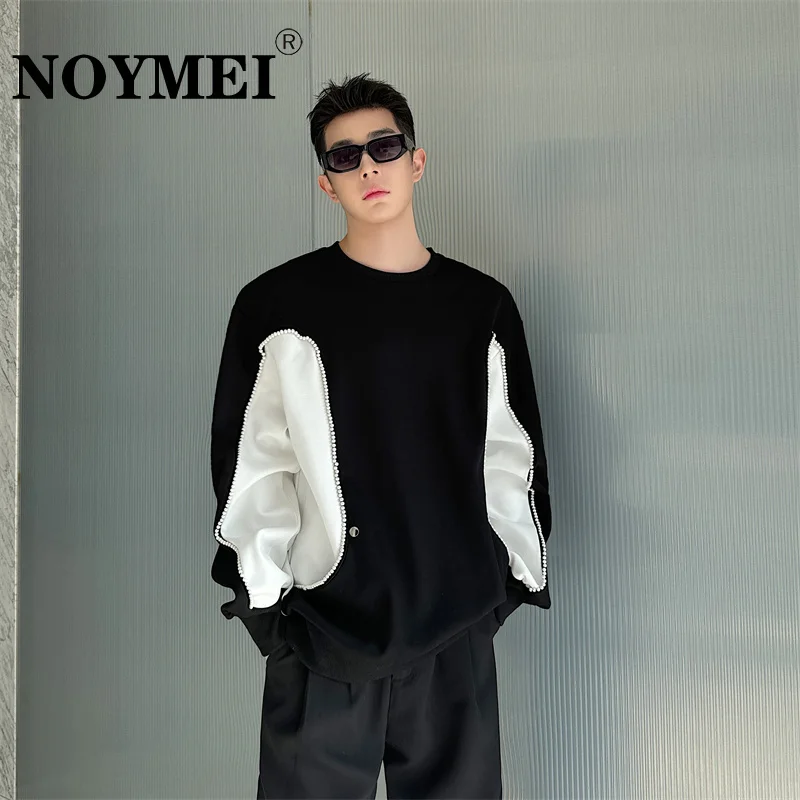 

NOYMEI Patchwork Pearl Decoration Contrast Color Round Neck Sweatshirt Men's 2024 Spring New All-match Pullover Chic WA4098