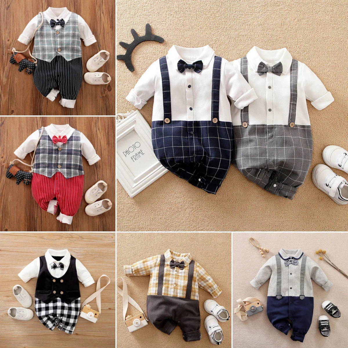 

Cotton Newborn Baby Long Sleeve Romper with Bow tie Boy Jumpsuit Shirt Handsome Gentleman Clothes 0-12M