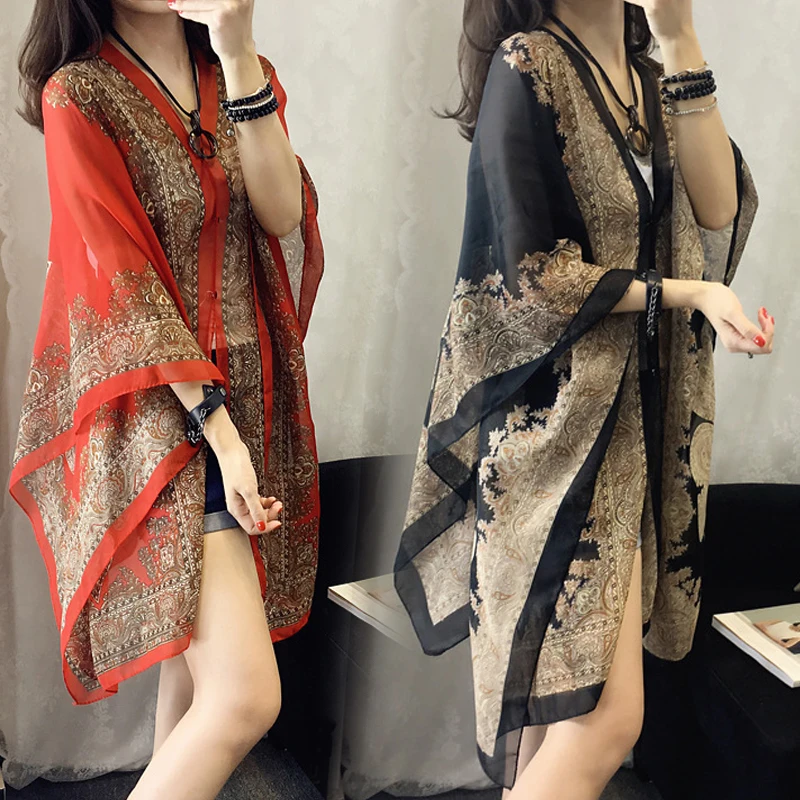 Women Bikini Cover Up Beach Dress Blouses Sun Protection Chiffon Cardigan Summer Holiday Shawl