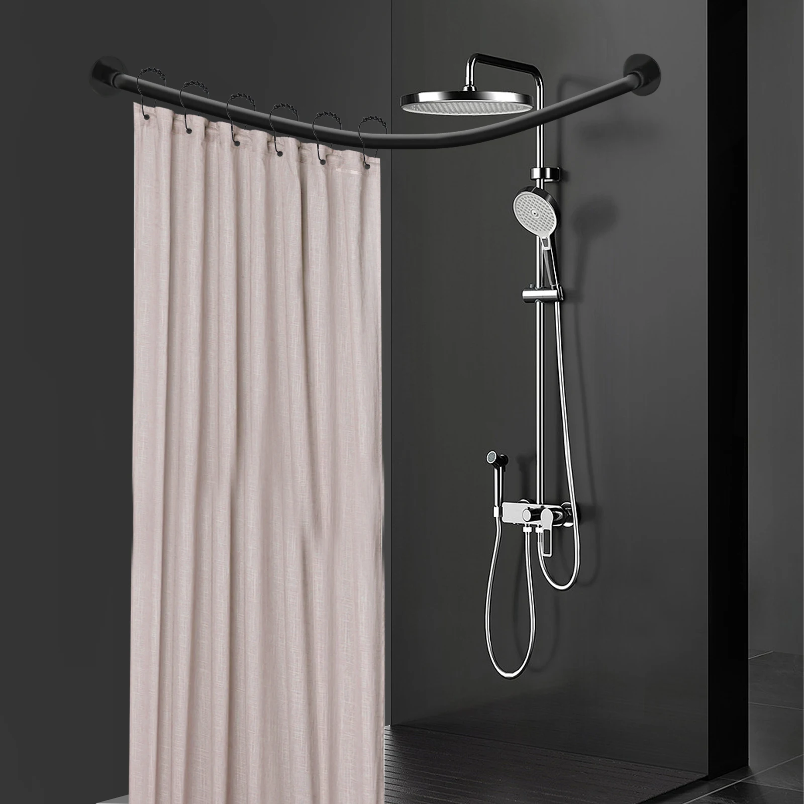

L-Shape Shower Curtain Rod No Drilling Shower Curtain Rail Stainless Steel Corner Telescopic with Shower Curtain Rings Black