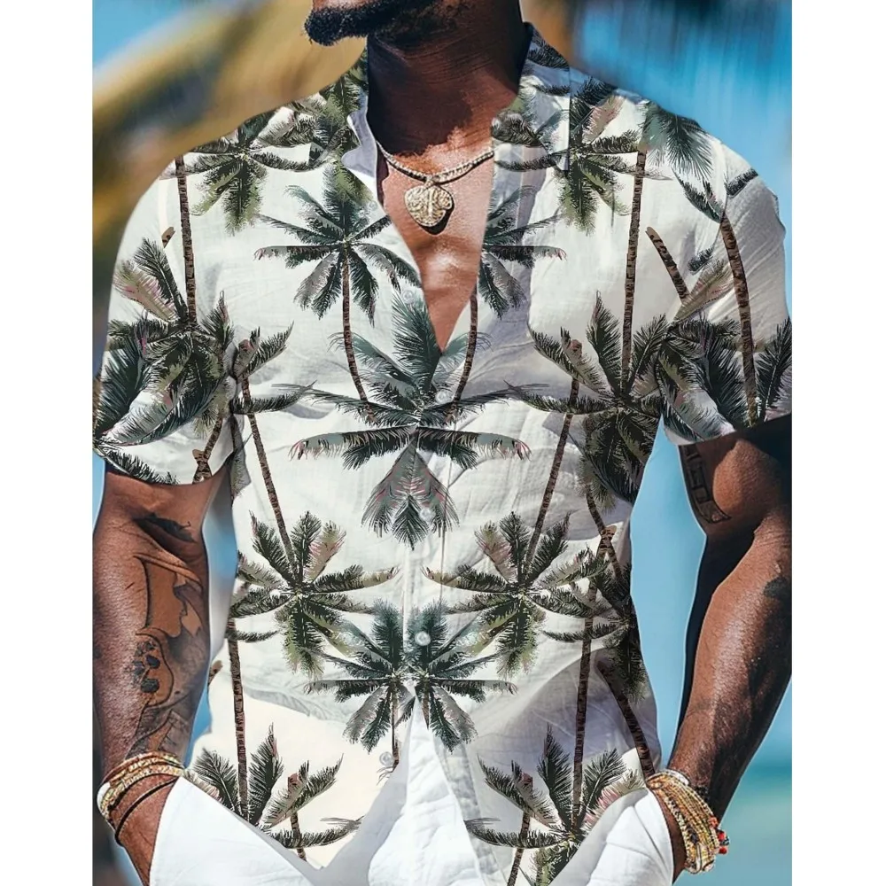 

Tropical Palm Tree Vacation Hawaiian Men's Shirt Outdoor Hawaiian Holiday Summer Turndown Short Sleeve Tee Tops Aloha Shirt