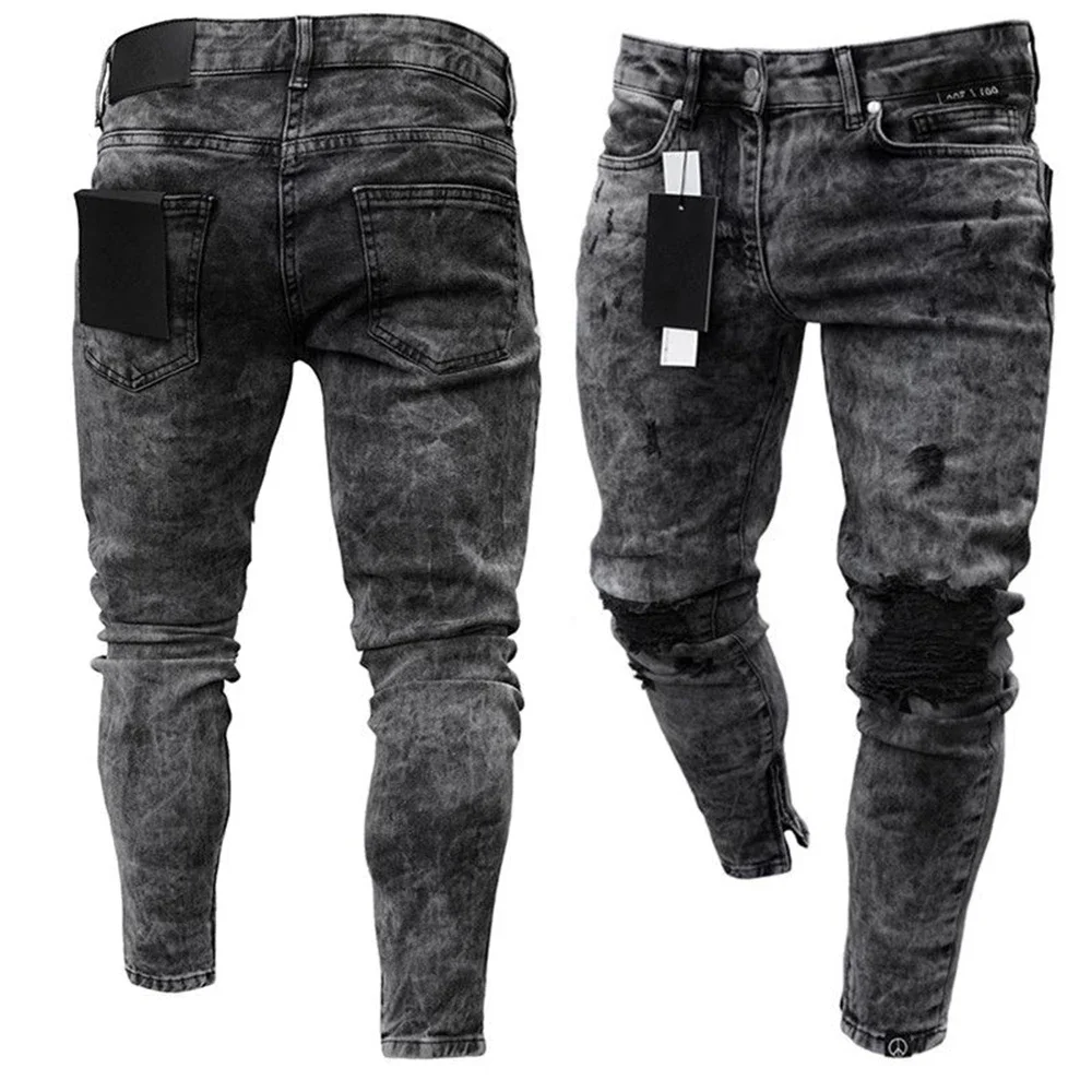 

Men Retro Snow Wash Distressed Stretch Ripped Biker Jeans Hip Hop Slim Fit Hole Punk Denim Pant Pantalones Hombre Zipper Joggers