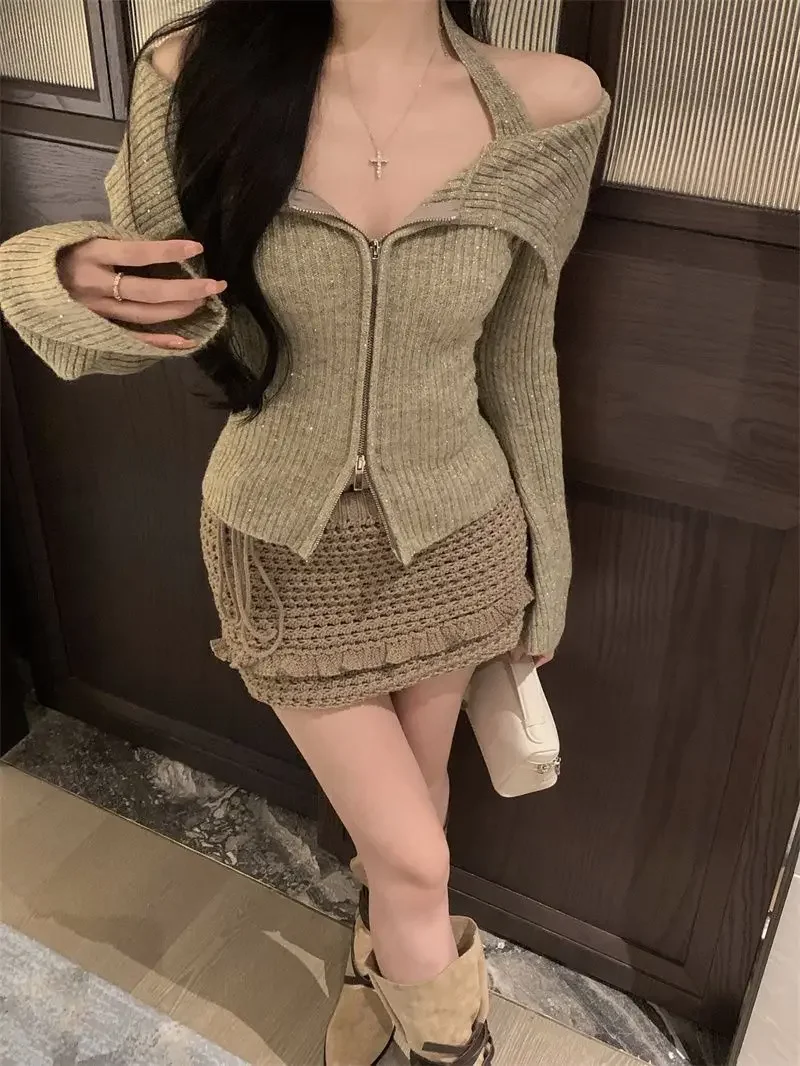 

Off Shoulder Turn Down Collar Knitted Coats Korean Women Y2k Aesthetic Vintage Sweaters Grunge All Match Zipper Cropped Cardigan