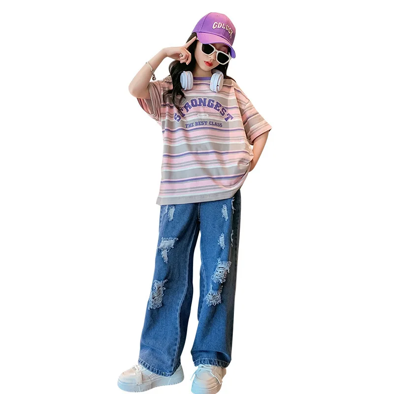 Girls Clothes Fashion Casual Sets Summer Letter Print Stripe T-shirt + Blue Ripped Jeans 2pcs Streetwear Outfit for Teens 4-14 Y
Girls Clothes Fashion Casual Sets Summer Letter Print Stripe T-shirt + Blue Ripped Jeans 2pcs Streetwear Outfit for Teens 4-14 Y