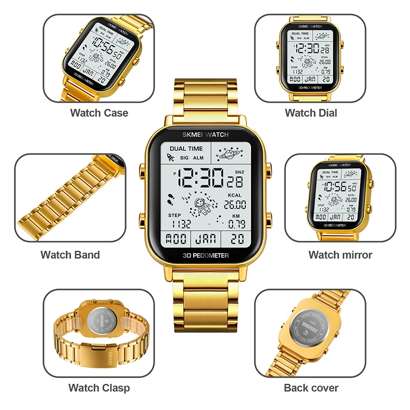 

Skmei 3D Pedometer Sports Wristwatch Luxury Steel Strap Fitness Calorie Mileage Men's Digital Watch Fashion Led Dual Time