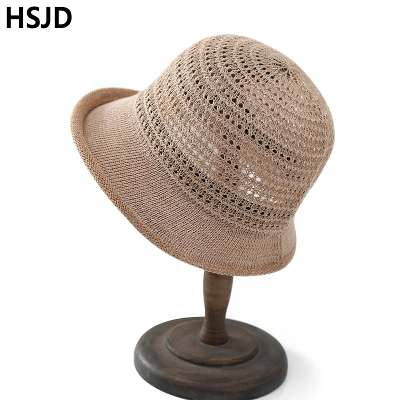 

High Quality Hollow Out Dome Linen Crochet Fisherman Hats Elegant Summer Hats For Women Wide Brim Foldable Korean Bucket Hat