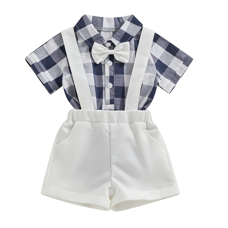 

Infant Baby Boy Summer Gentleman Outfits Plaid Pattern Short Sleeve Lapel Button Down Shirt Romper with Bowtie Suspender Shorts